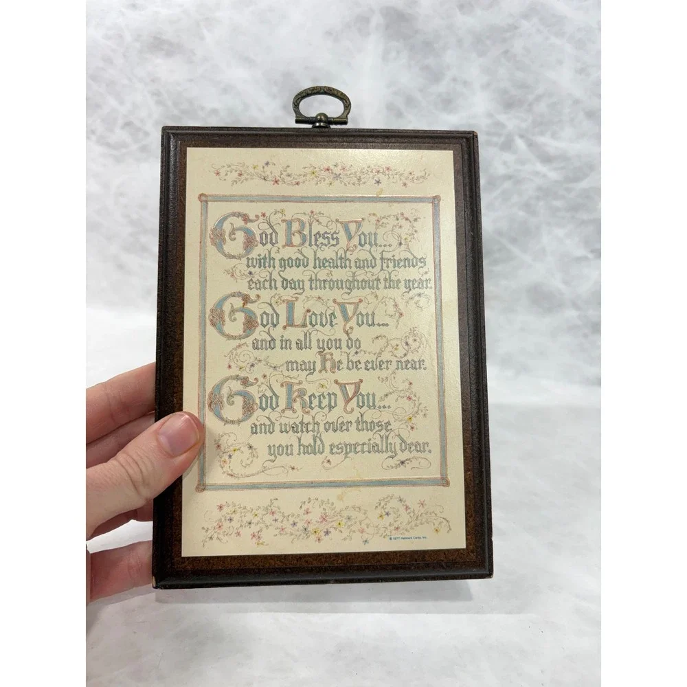 Vintage 1977 Hallmark God Bless You Religious Wood Wall Plaque Inspirational Art